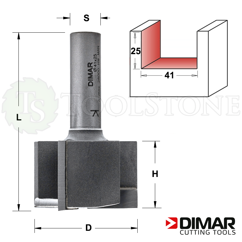 Фреза пазовая врезная "бочка" Dimar DMR162 (Израиль) без подшипника, Ø41.3мм, H=25.4мм, L=67мм, Z3, S12