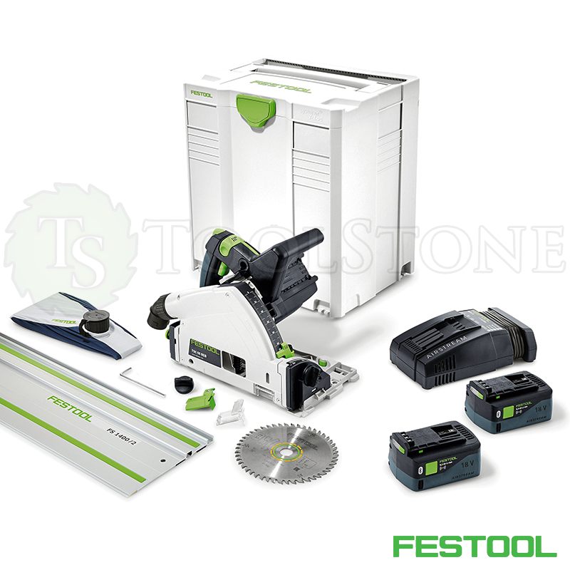 Аккумуляторная погружная пила Festool TSC 55 Li 5,2 REBI-Set-SCA-FS, комплект в систейнере SYS 5 T- Loc, 2 аккум. Bluetooth® 5.2 А/ч, з/у SCA 8, шина-направляющая 1.4 м