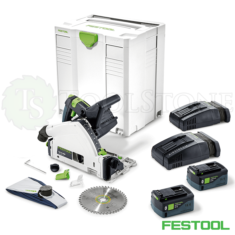 Аккумуляторная погружная пила Festool TSC 55 Li 5,2 REBI-Plus/XL-SCA, комплект в систейнере SYS 5 T- Loc, 2 аккум. Bluetooth® 5.2 А/ч, 2 шт. з/у SCA 8, без шины-направляющей