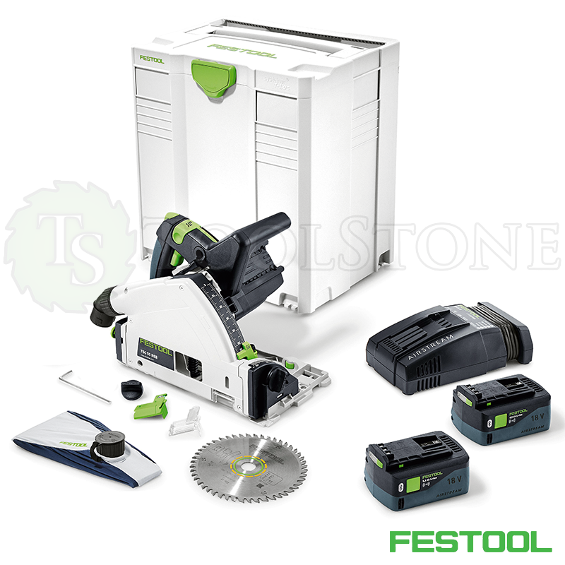 Аккумуляторная погружная пила Festool TSC 55 Li 5,2 REBI-Plus-SCA, комплект в систейнере SYS 5 T- Loc, 2 аккум. Bluetooth® 5.2 А/ч, з/у SCA 8, без шины-направляющей